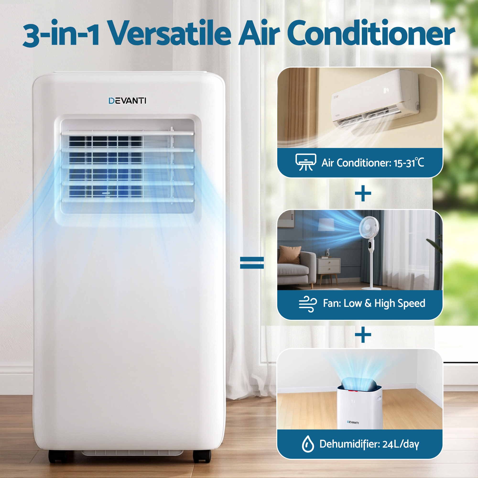 Devanti Portable Air Conditioner 9000 BTU 3-in-1 with Remote Control