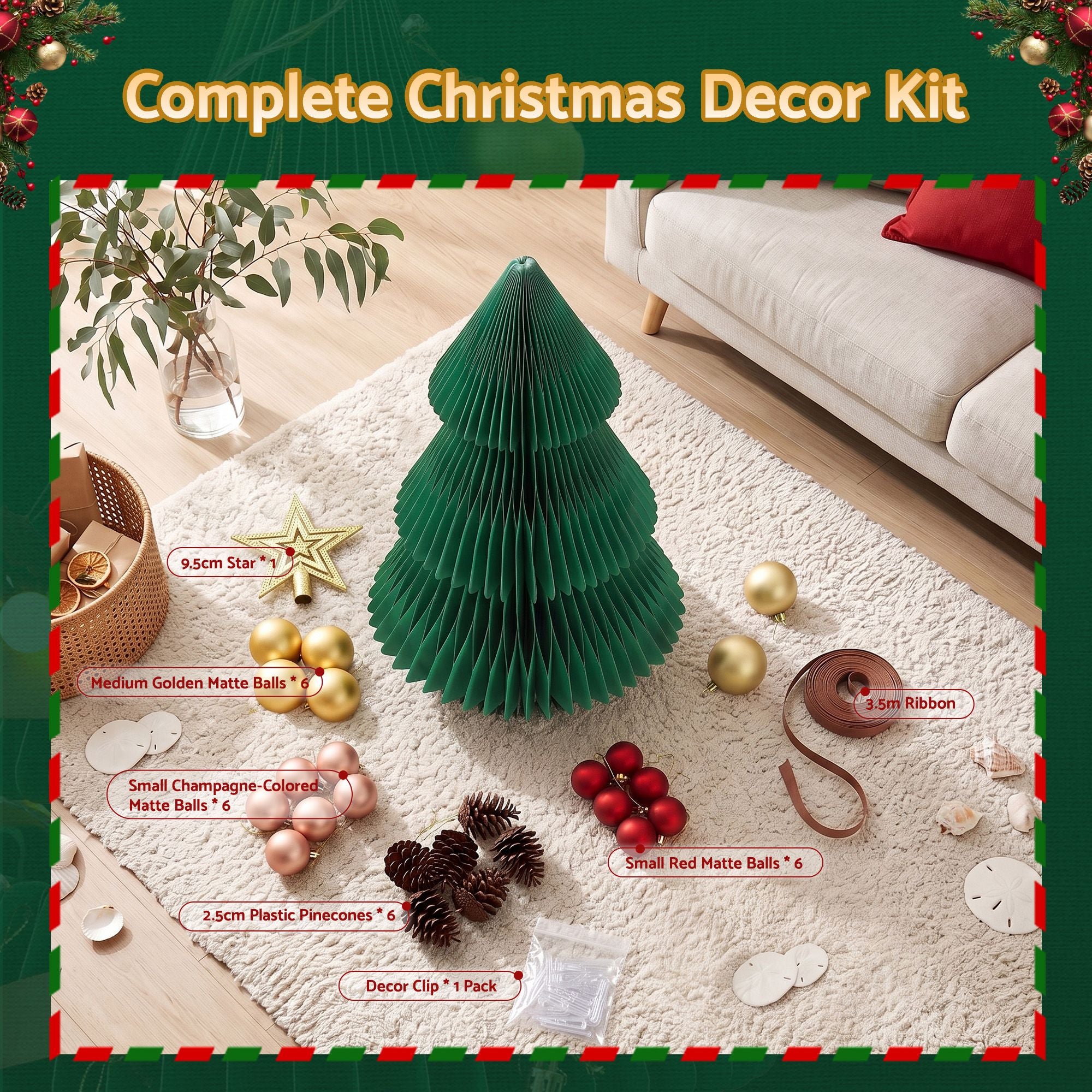 Jingle Jollys Paper Christmas Tree 61 CM w/ Star Topper Xmas Decor Tabletop Green DIY Ornament Set