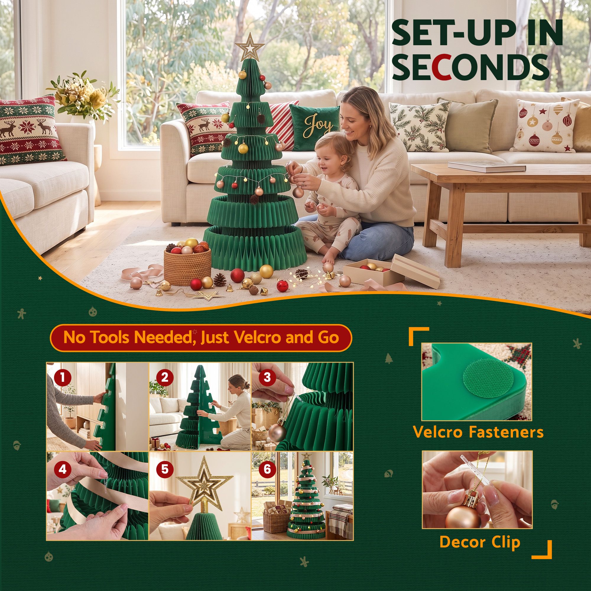 Jingle Jollys Paper Christmas Tree 111CM w/ Star Topper LEDs Xmas Decorations Kit Home Office Green