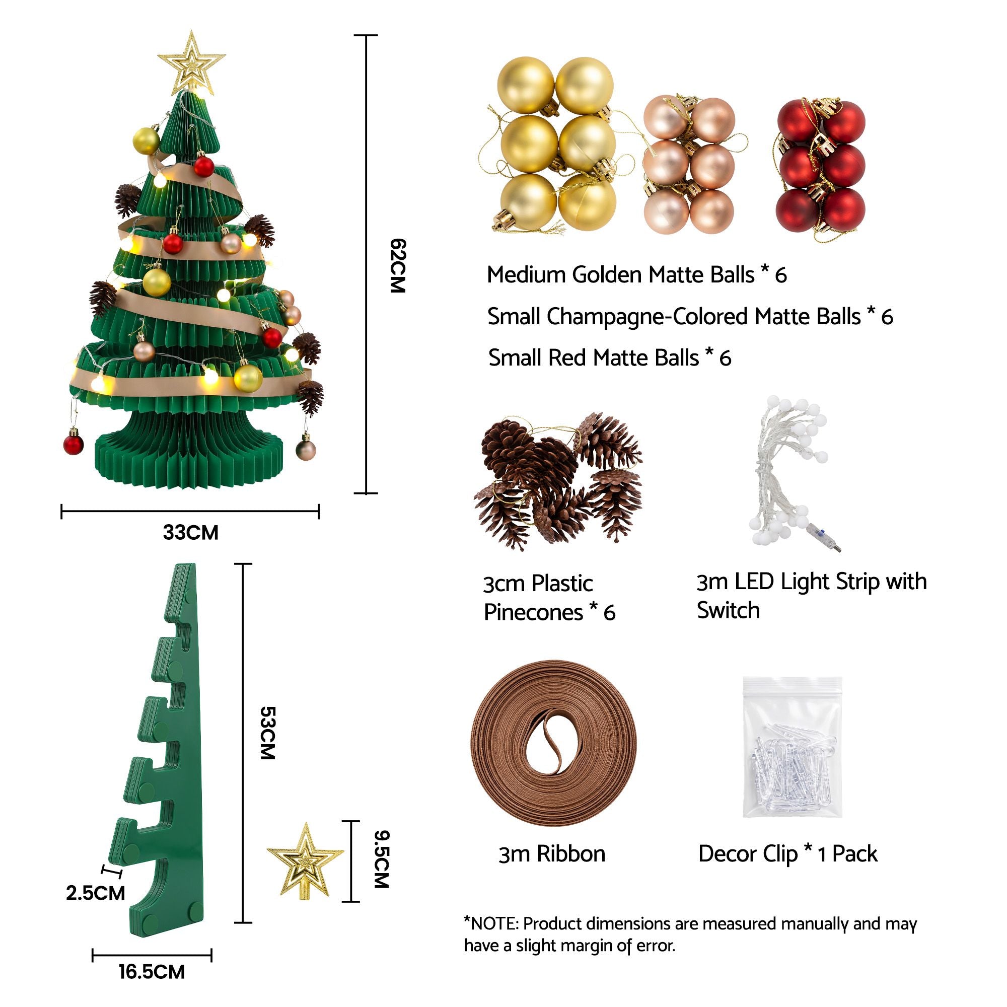 Jingle Jollys Paper Christmas Tree 62CM w/ Star Topper LEDs Xmas Decorations Kit Home Office Green