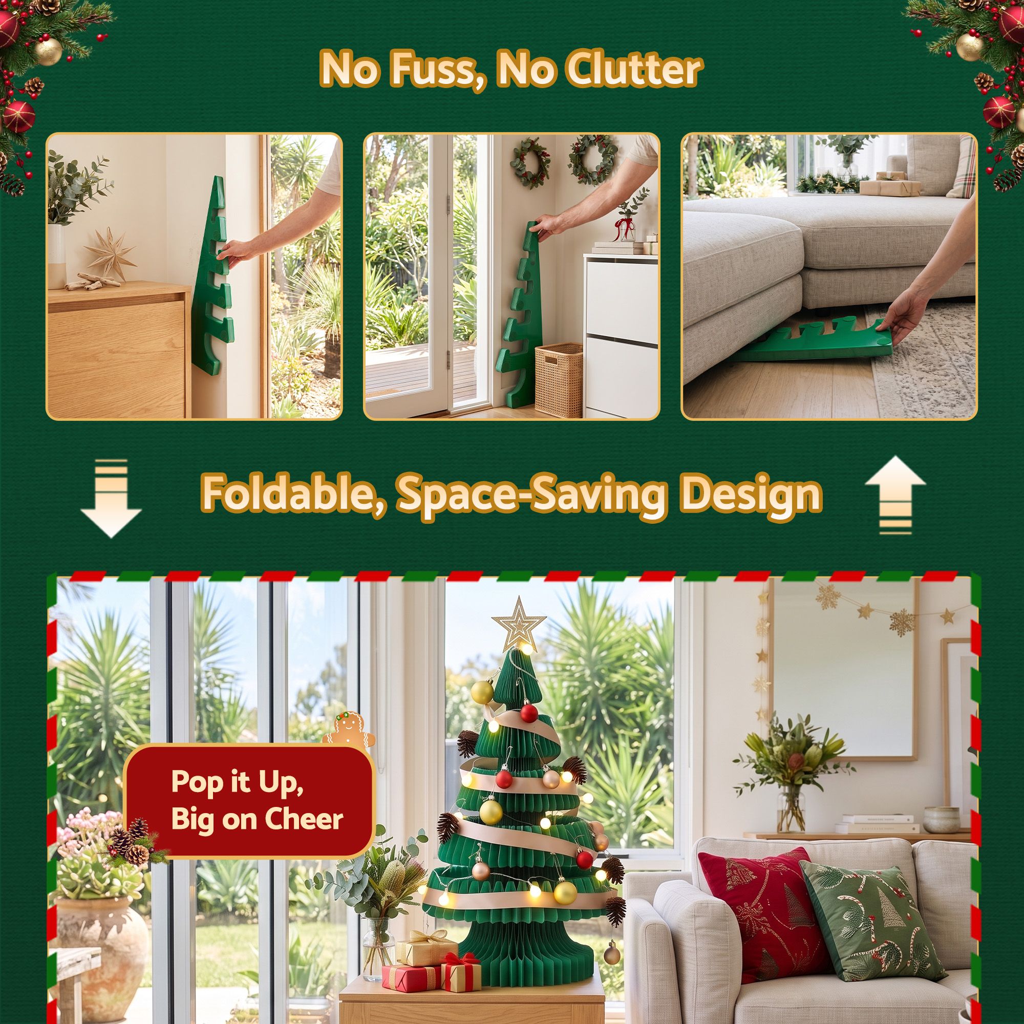 Jingle Jollys Paper Christmas Tree 62CM w/ Star Topper LEDs Xmas Decorations Kit Home Office Green