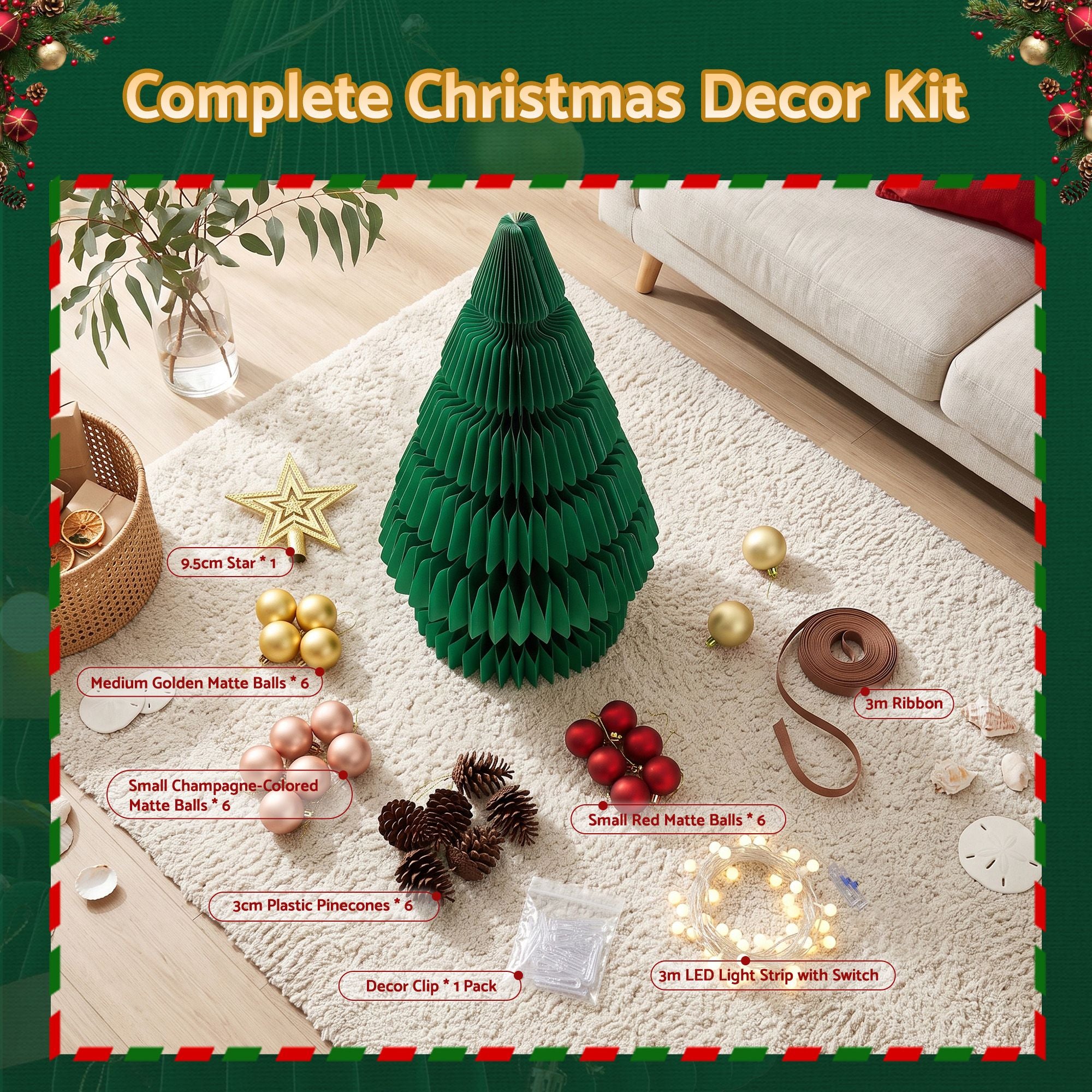 Jingle Jollys Paper Christmas Tree 62CM w/ Star Topper LEDs Xmas Decorations Kit Home Office Green