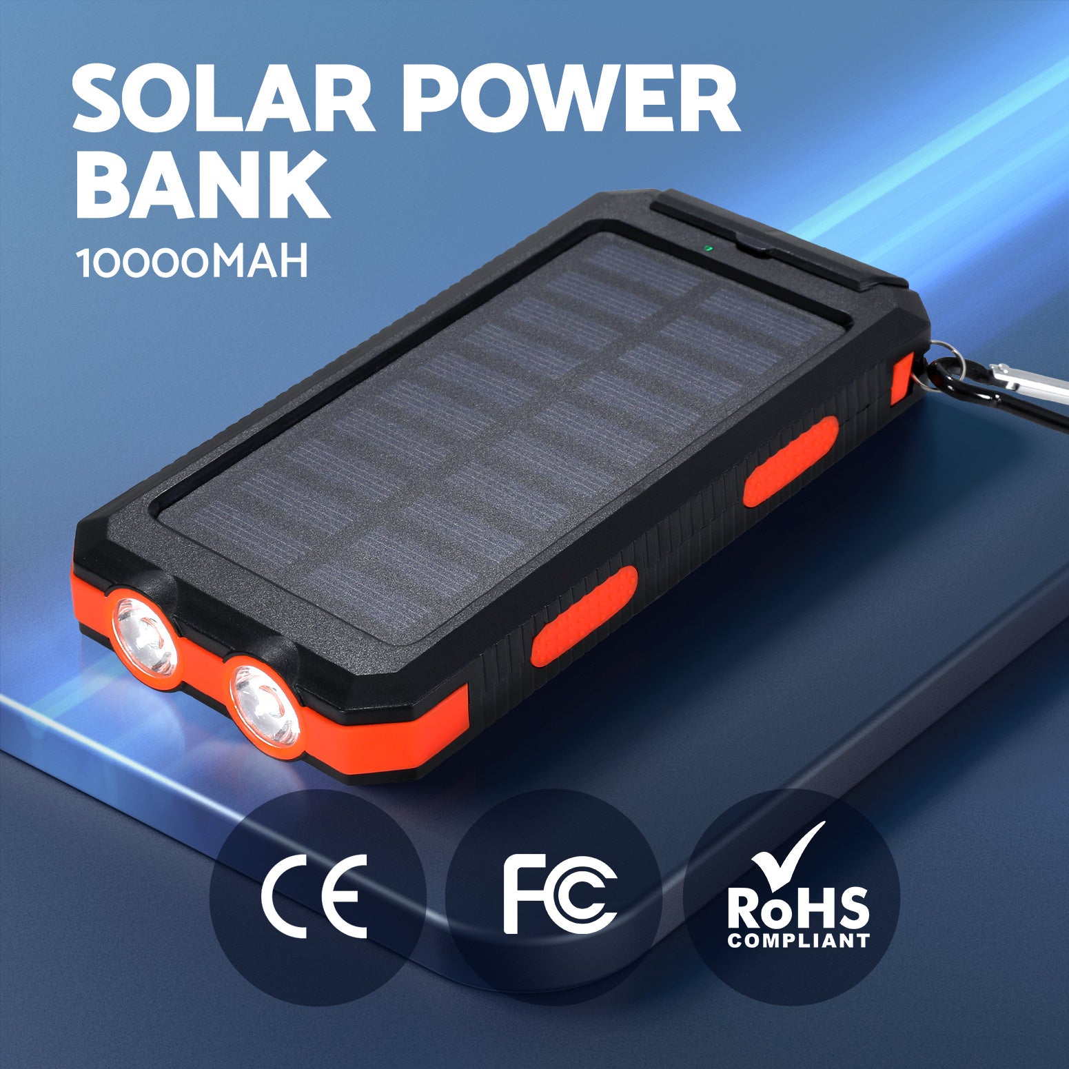 Portable Solar Power Bank 10000mAh Dual USB Charger Black/Orange