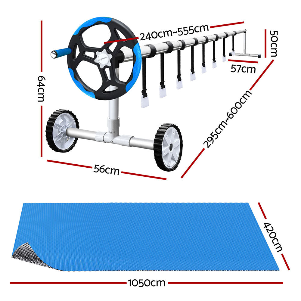 Aqua Buddy 10.5x4.2m Solar Pool Cover 600 Micron Blue with 5.55m Roller