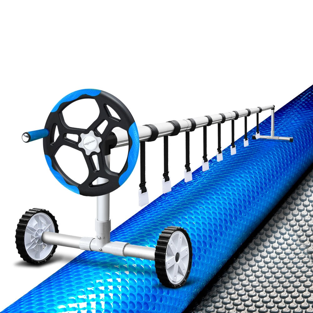 Aquabuddy 8x4.2m Pool Cover 400 Micron Silver Blanket with 5.5m Blue Roller