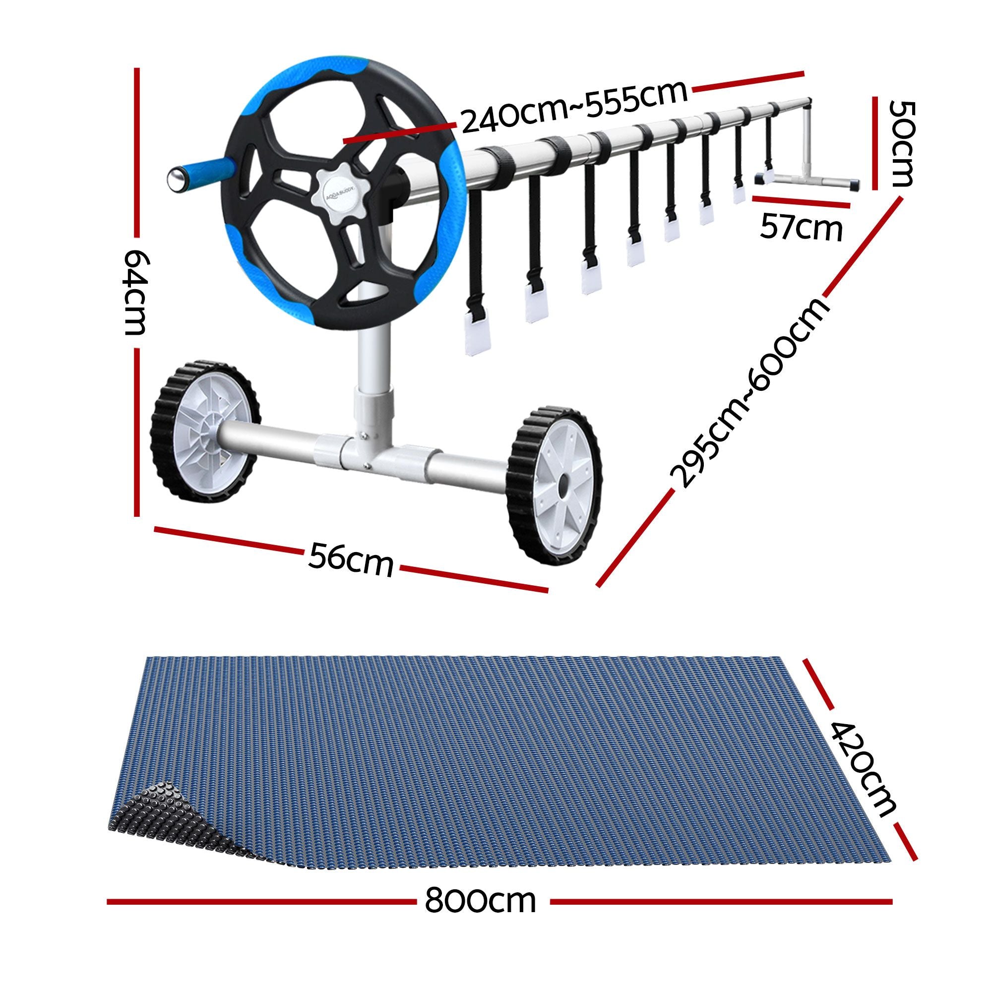 Aqua Buddy Pool Cover 600 Micron 8x4.2m w/ Blue Roller 5.55m Swimming Pools Black Solar Blanket