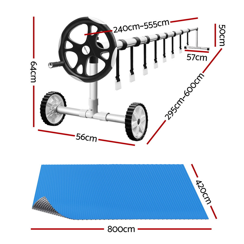 Aqua Buddy 8x4.2m Solar Pool Cover 600 Micron LDPE Blue & Silver with 5.55m Aluminium Roller