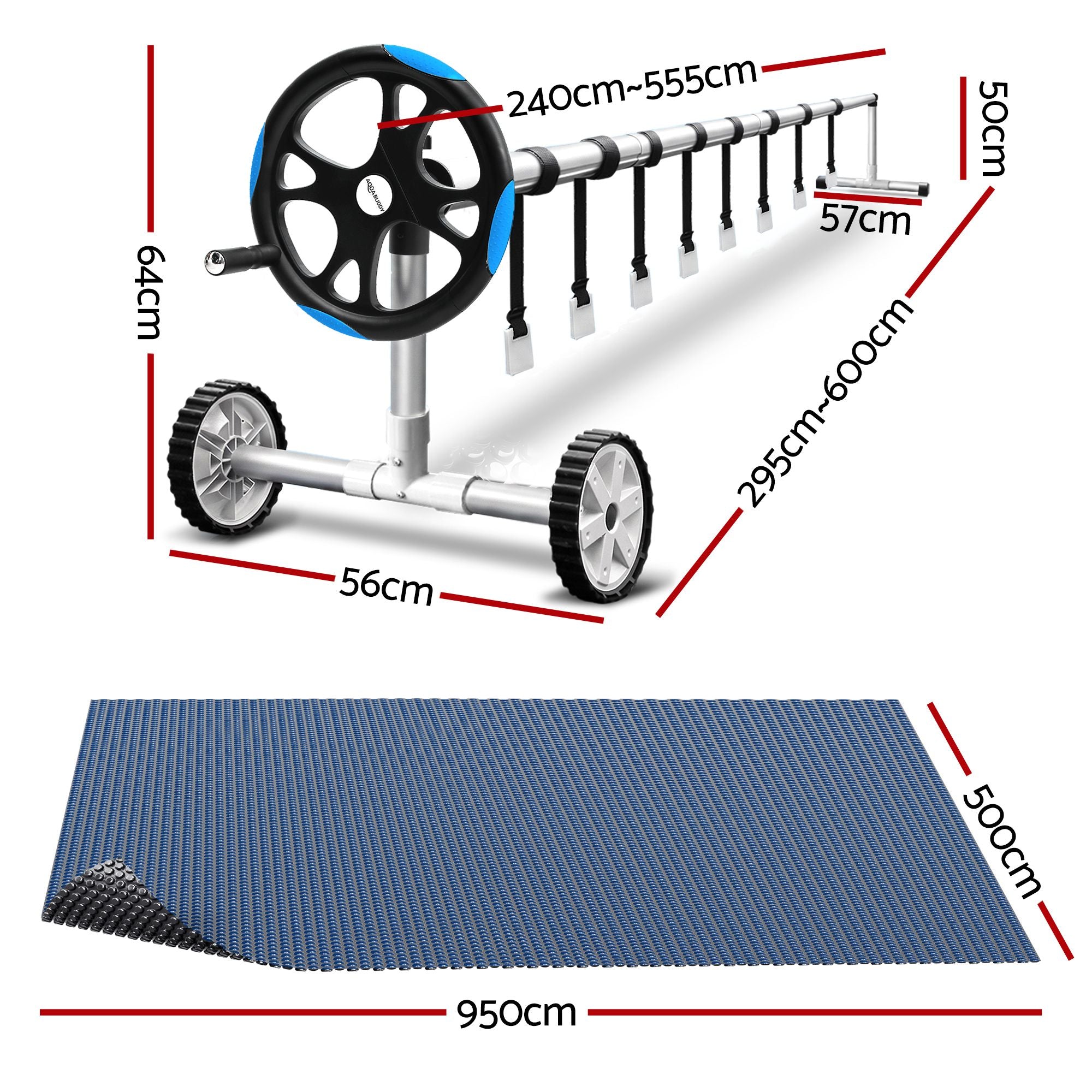 Aqua Buddy Pool Cover 500 Micron 9.5x5m w/ Blue Roller 5.55m Swimming Pools Black Solar Blanket