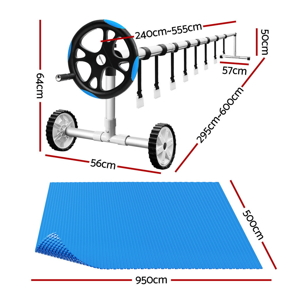 Aqua Buddy 9.5x5m Solar Pool Cover 600 Micron Blanket & 5.55m Roller Blue