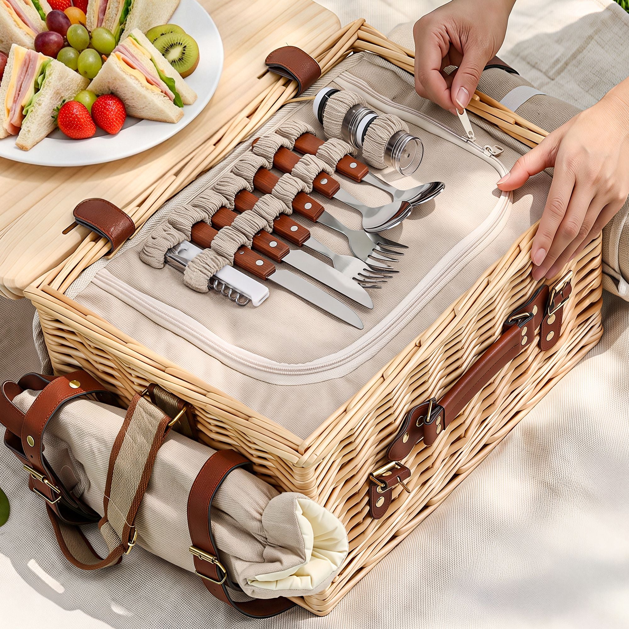 Alfresco 2 Person Insulated Picnic Basket Set with Foldable Wood Table Mat
