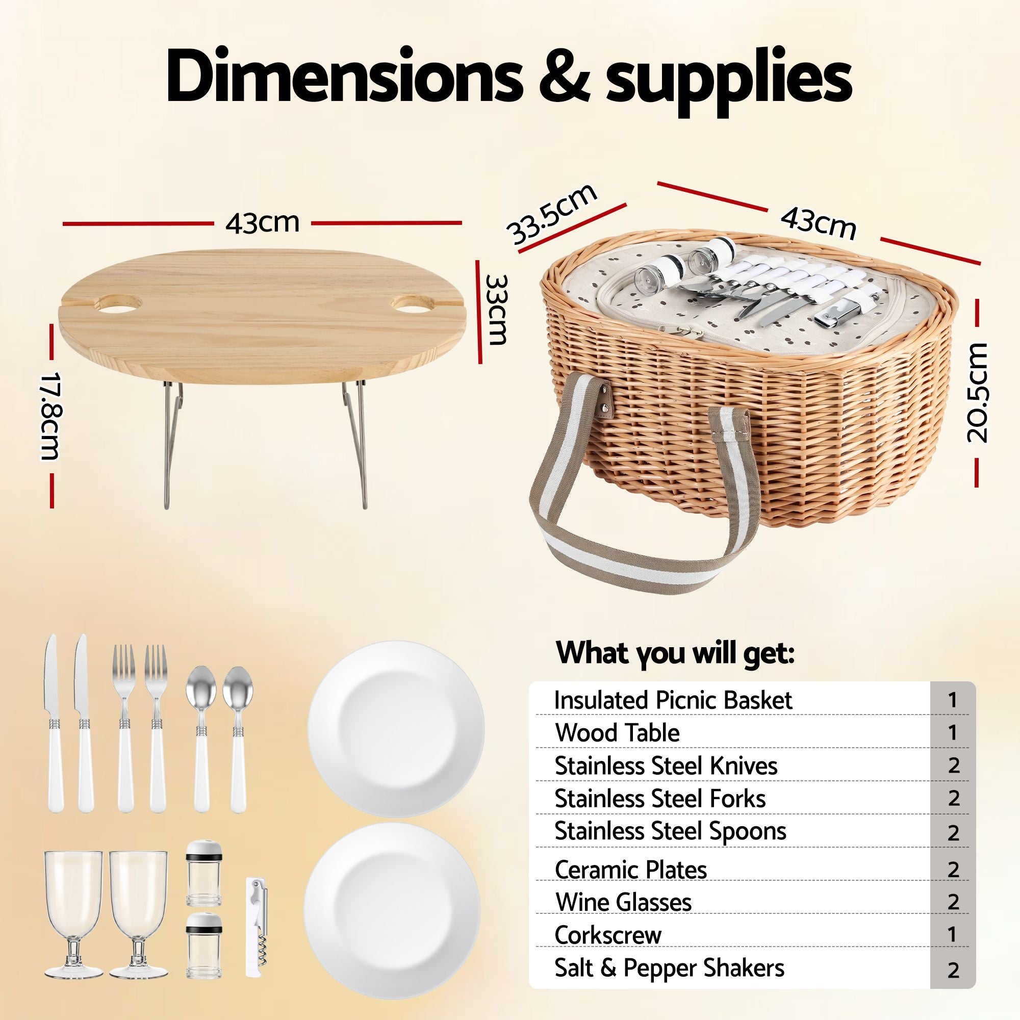 Alfresco 2 Person Insulated Picnic Basket Set with Foldable Wood Table