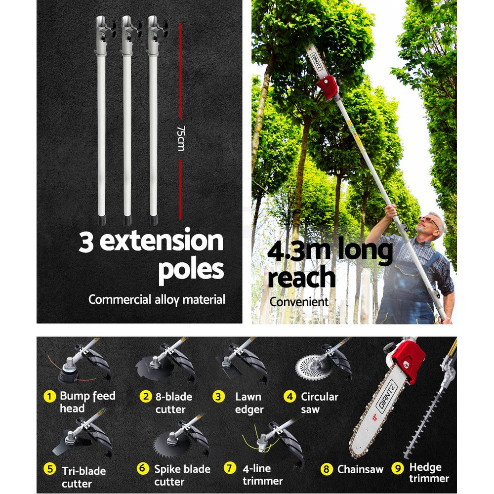 Giantz 62CC 9-in-1 Multi-Tool Pole Chainsaw Hedge Trimmer Brush Cutter Whipper Snipper