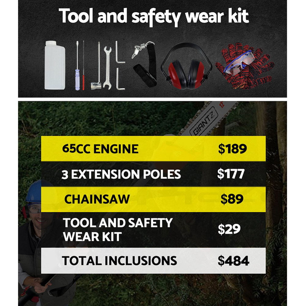 Giantz 65CC Petrol Pole Chainsaw 12in Long Reach 4.3m