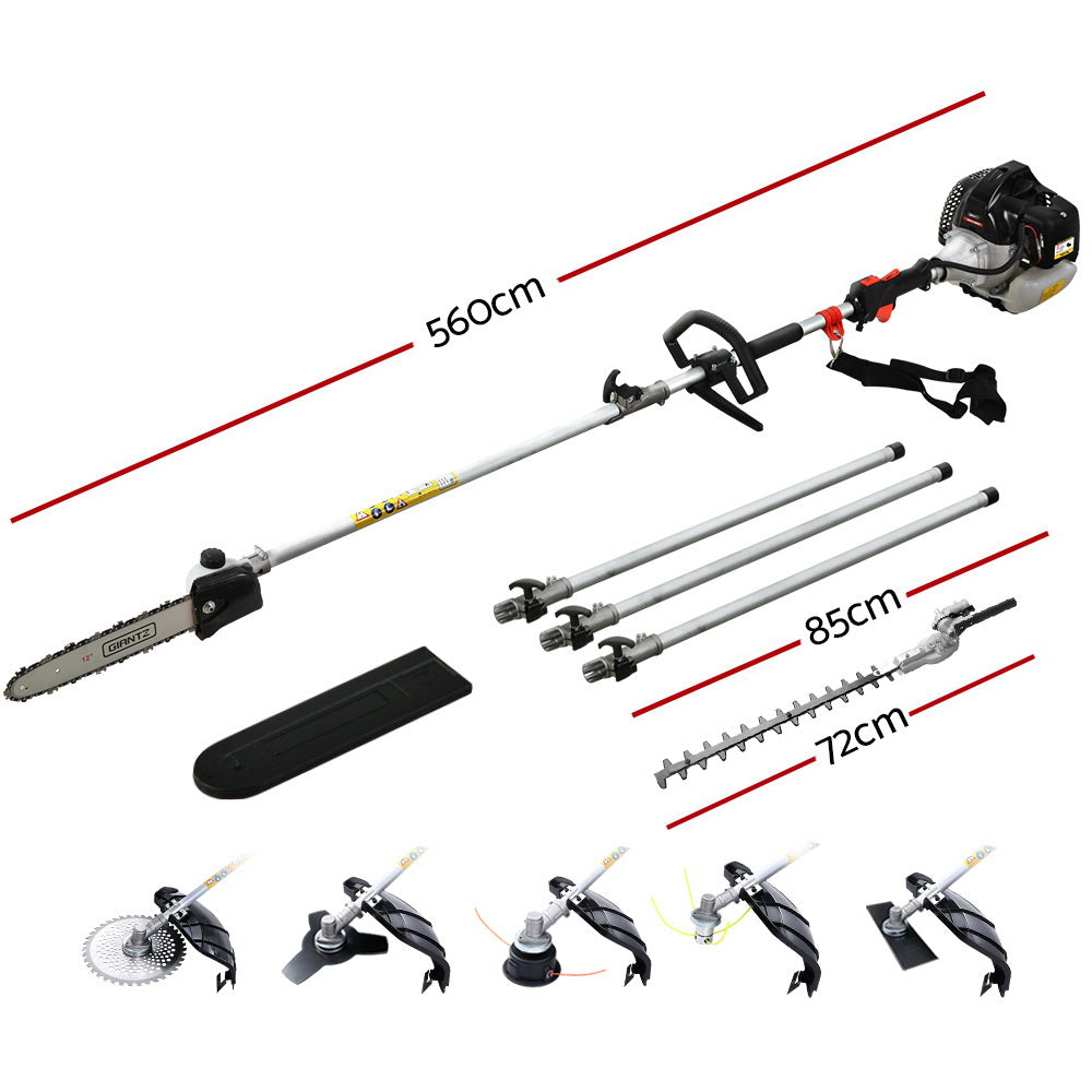 Giantz 62CC 5.6m Multi-Tool Pole Chainsaw Hedge Trimmer Brush Cutter Black