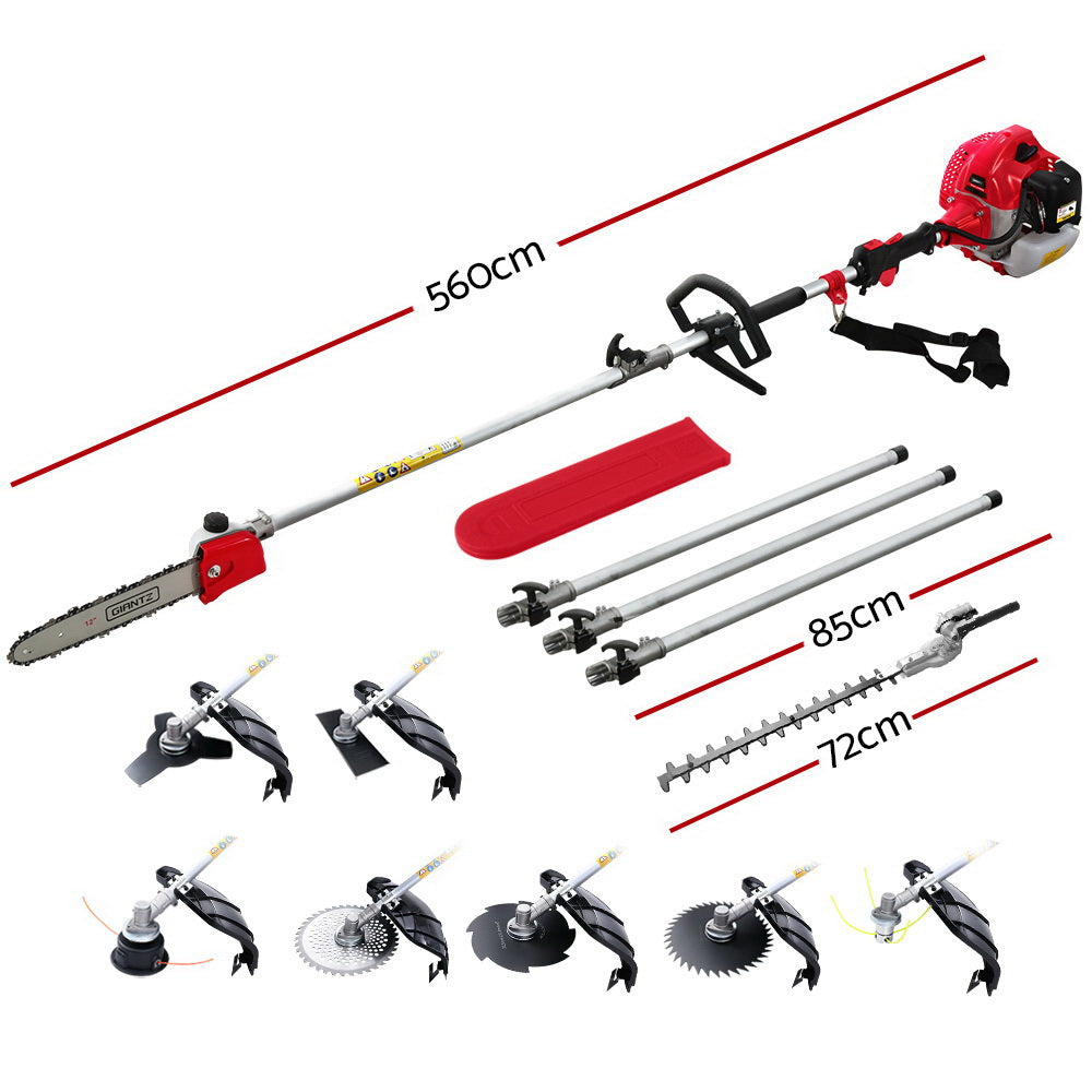 Giantz 62CC 5.6m 9-in-1 Multi-Tool Pole Chainsaw Hedge Trimmer Brush Cutter Red