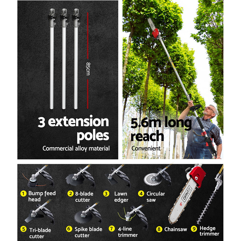 Giantz 62CC 5.6m 9-in-1 Multi-Tool Pole Chainsaw Hedge Trimmer Brush Cutter Red