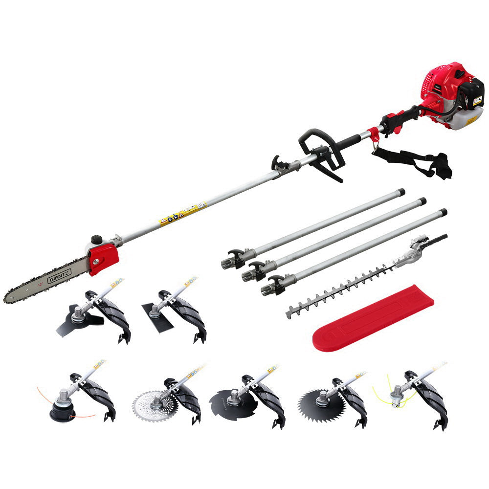 Giantz 62CC 5.6m 9-in-1 Multi-Tool Pole Chainsaw Hedge Trimmer Brush Cutter Red