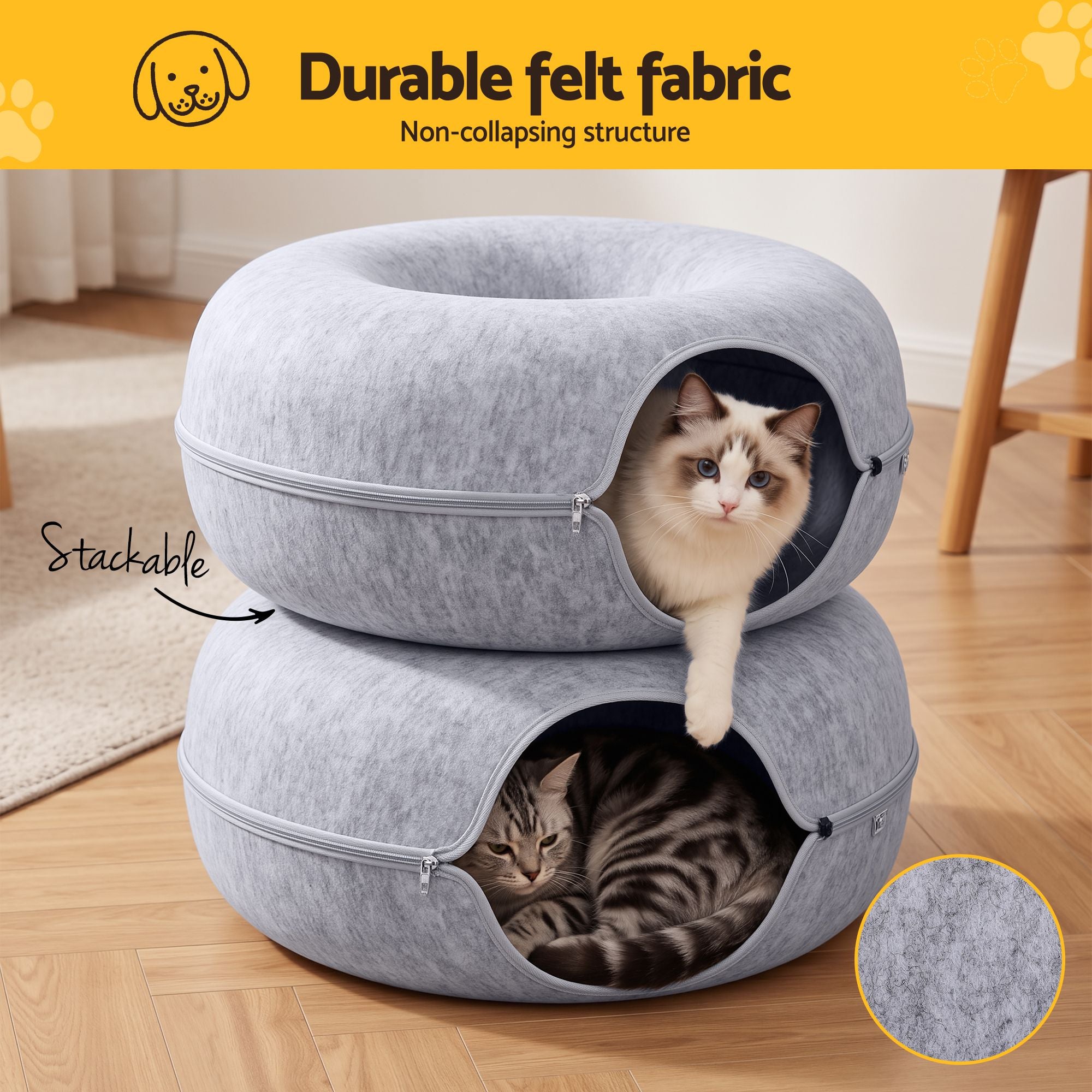 i.Pet Cat Bed with Tunnel 60x28CM Donut Felt Cave Hideaway Detachable Grey