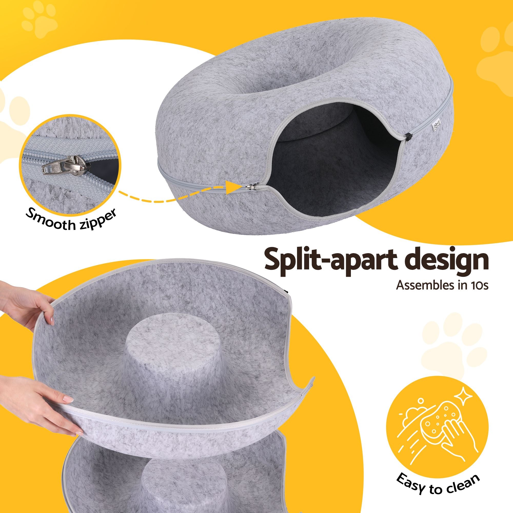 i.Pet Cat Bed with Tunnel 60x28CM Donut Felt Cave Hideaway Detachable Grey