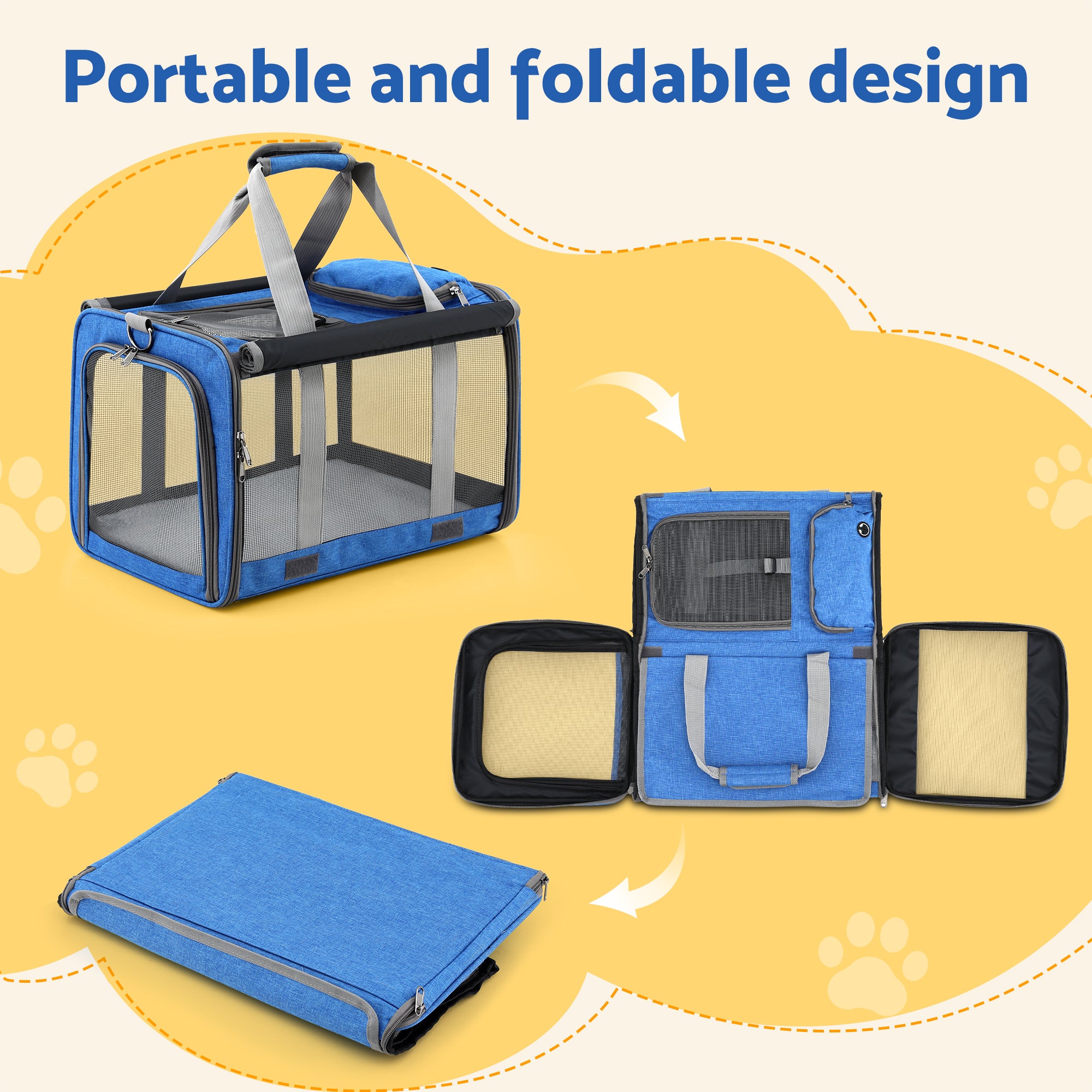 i.Pet Pet Carrier Bag Foldable Dog Cat Durable Crate Travel Cage Portable Car Kennel Blue