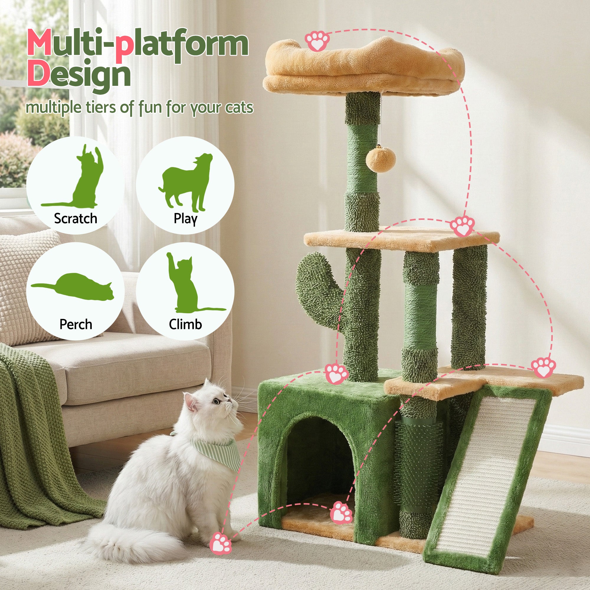 i.Pet Cat Tree Tower 101cm Scratching Post Furniture Scratcher House Green