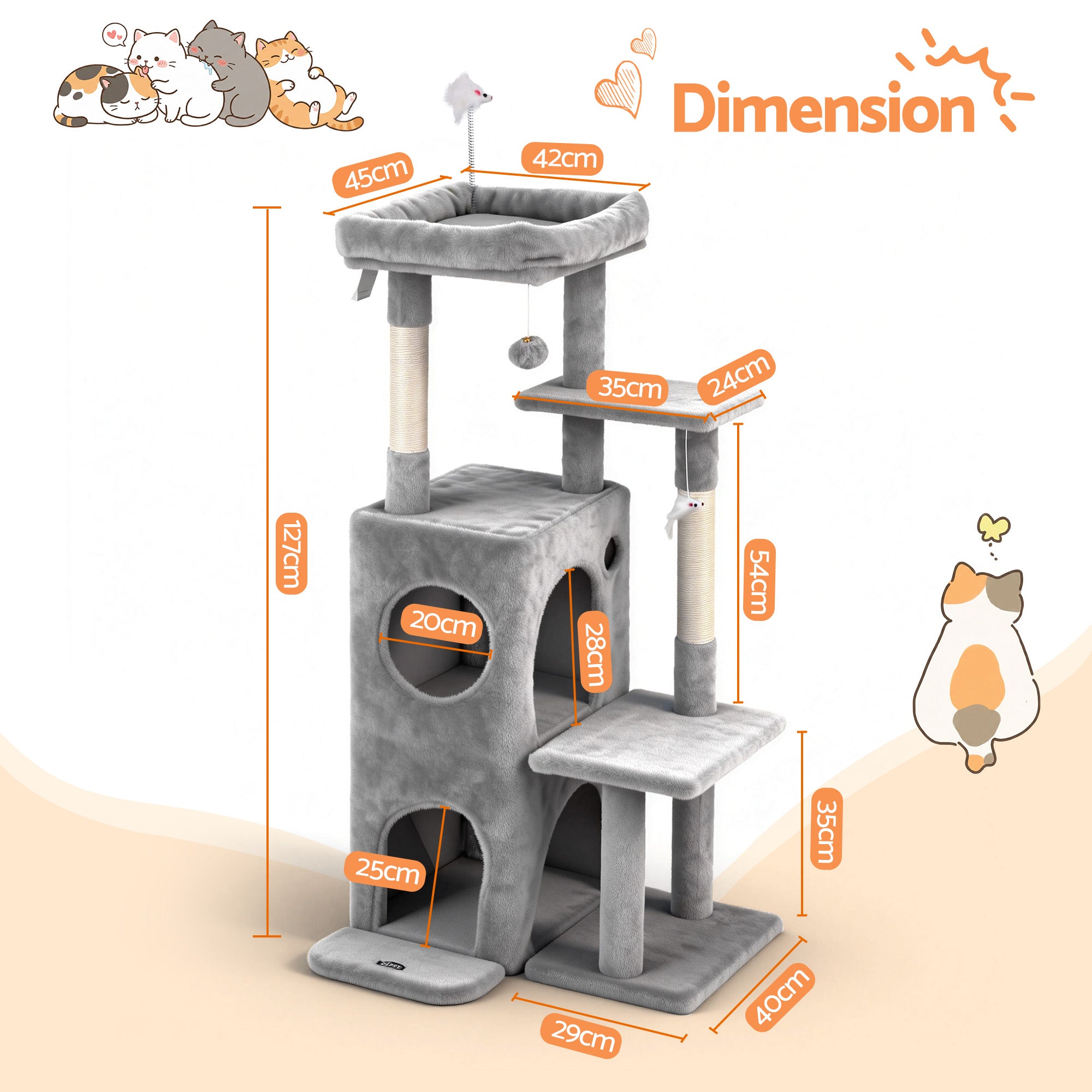 i.Pet Cat Tree Tower 127cm Scratching Post Furniture Scratcher House Light Grey