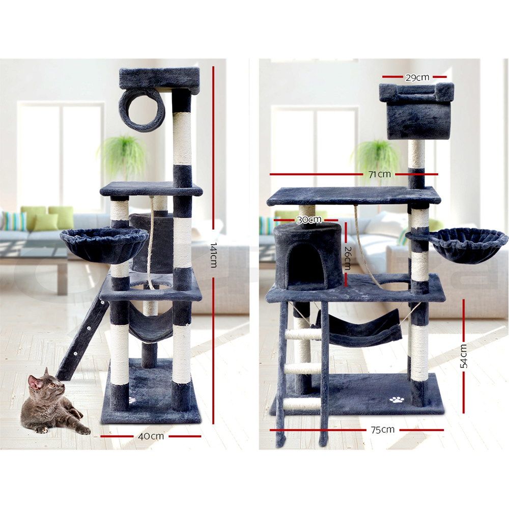 i.Pet Cat Tree 141cm Tower Scratching Post Grey