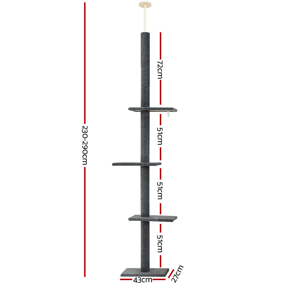i.Pet 290cm Cat Tree Tower Scratching Post Floor-to-Ceiling Grey