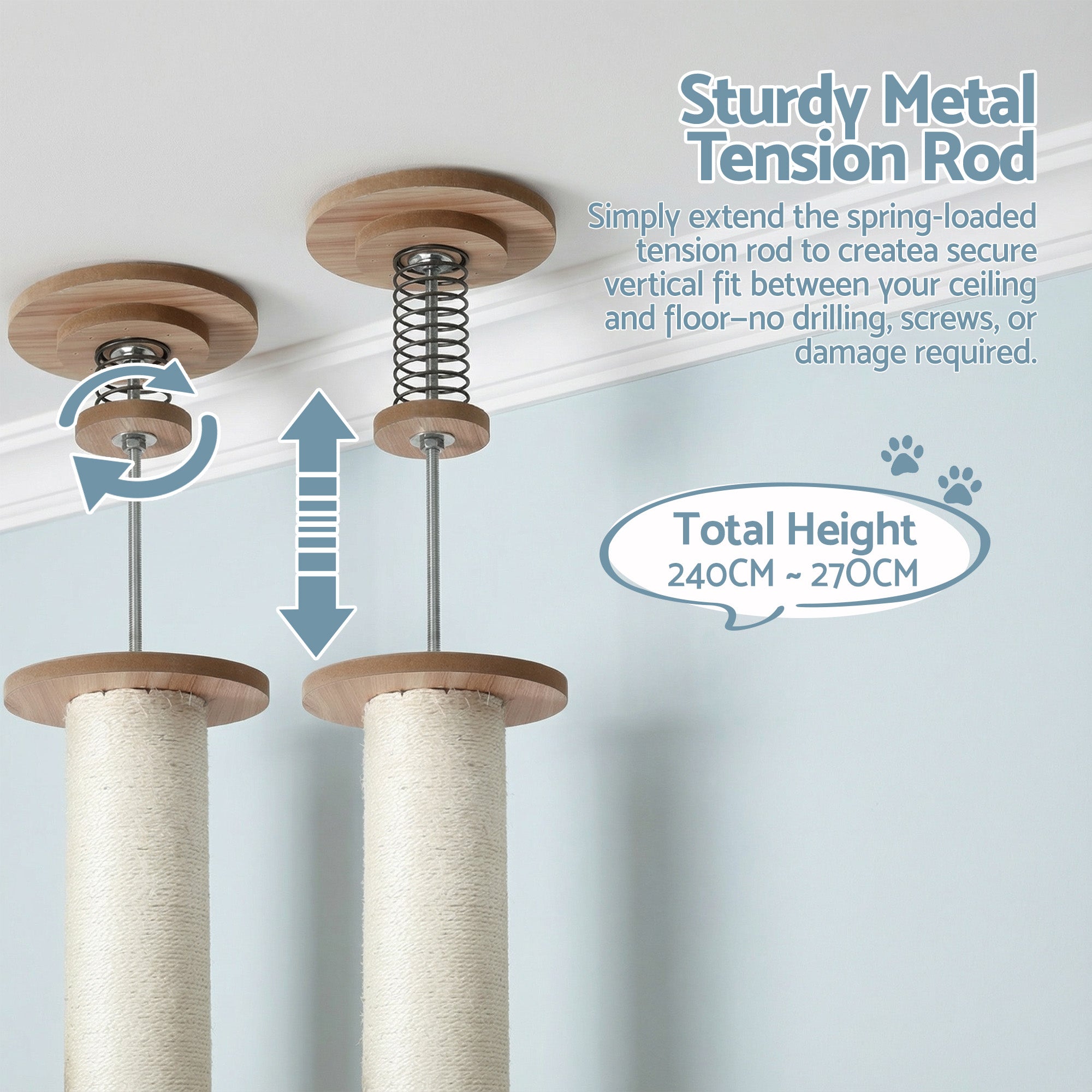 i.Pet Cat Tree Tower Floor to Ceiling Scratching Post 270cm Beige