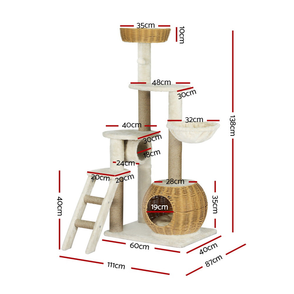 i.Pet 138cm Cat Tree Tower Scratching Post Rattan Ladder Beige/Brown