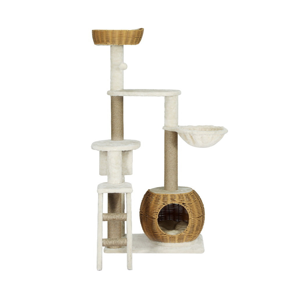 i.Pet 138cm Cat Tree Tower Scratching Post Rattan Ladder Beige/Brown
