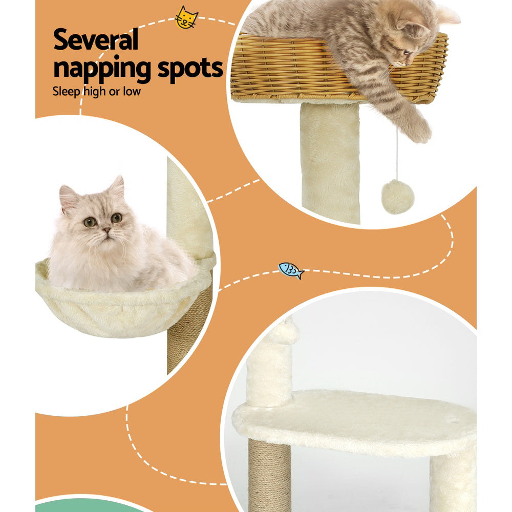 i.Pet 138cm Cat Tree Tower Scratching Post Rattan Ladder Beige/Brown