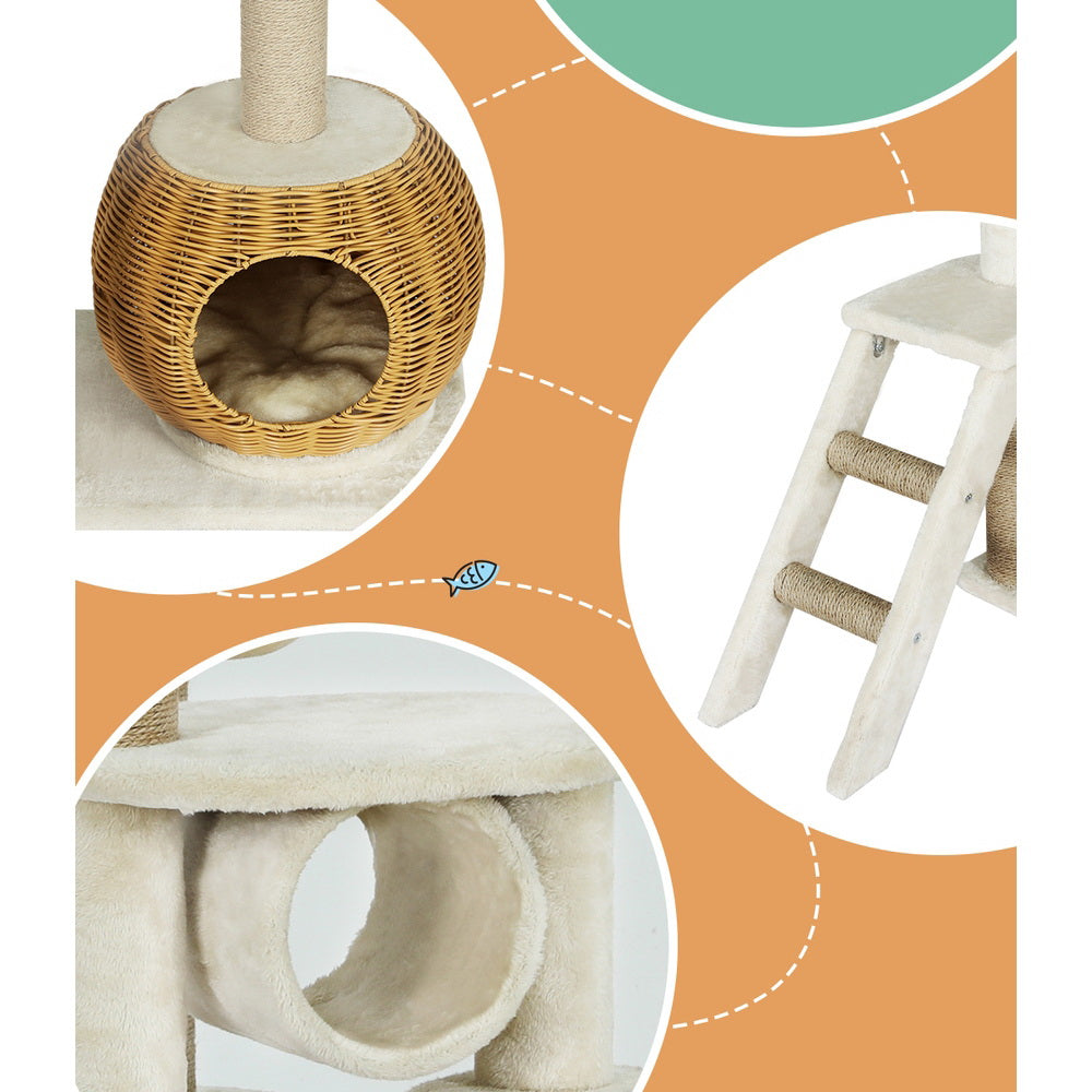 i.Pet 138cm Cat Tree Tower Scratching Post Rattan Ladder Beige/Brown