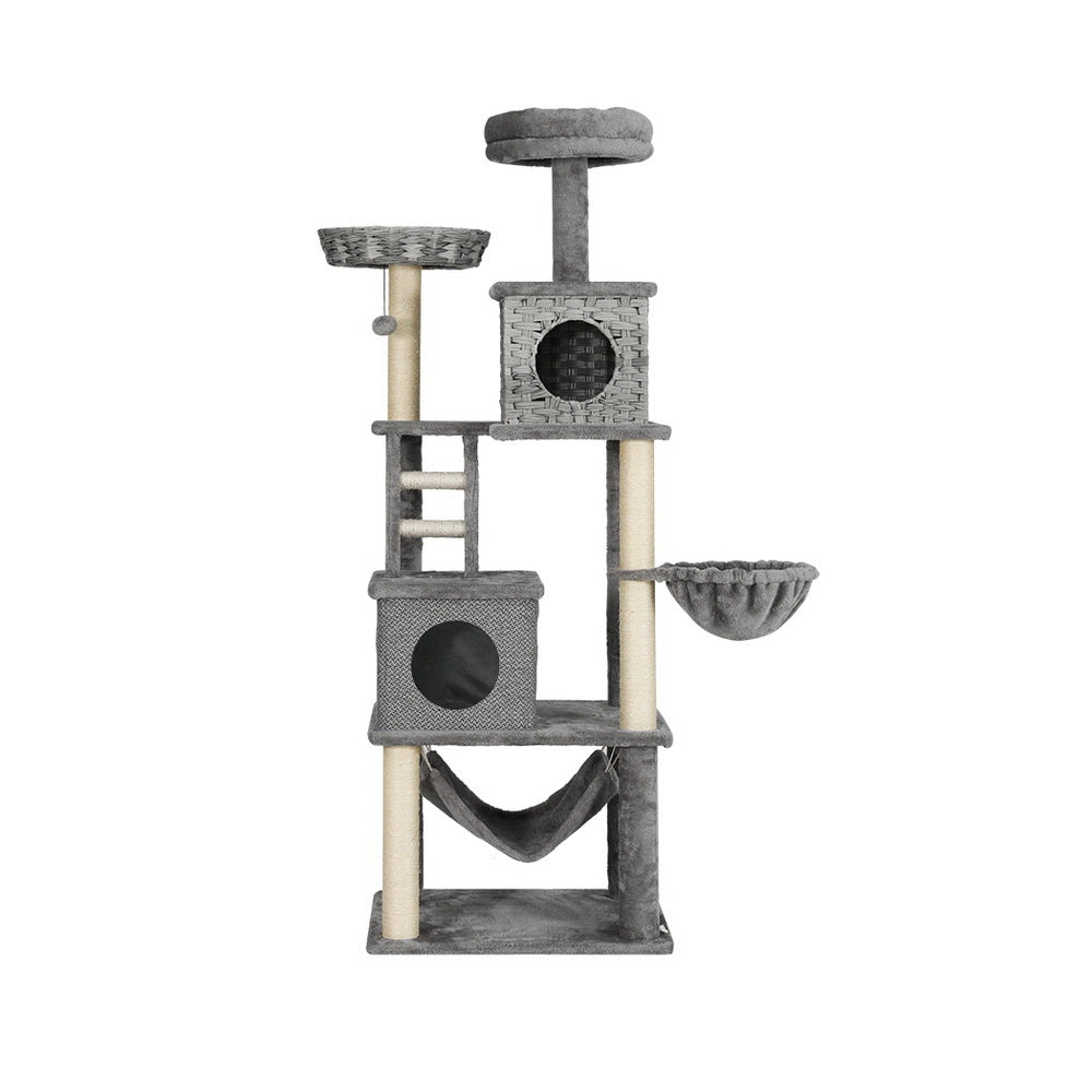 i.Pet 169cm Cat Tree Tower Scratching Post Rattan Grey