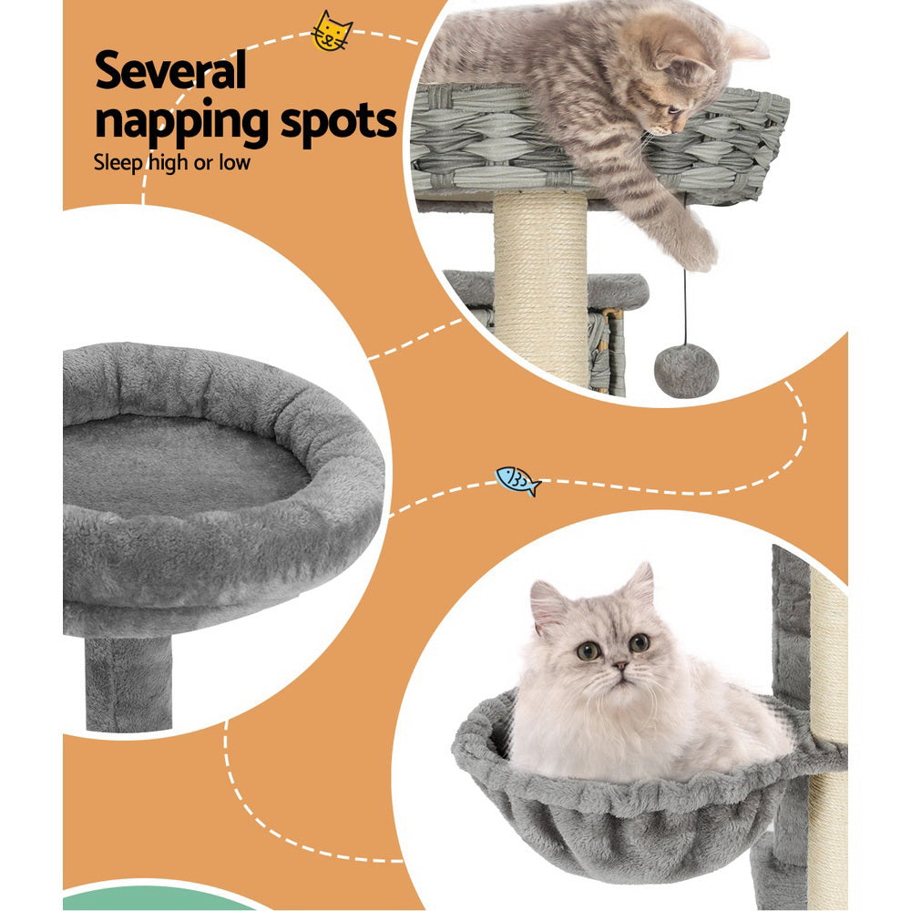 i.Pet 169cm Cat Tree Tower Scratching Post Rattan Grey