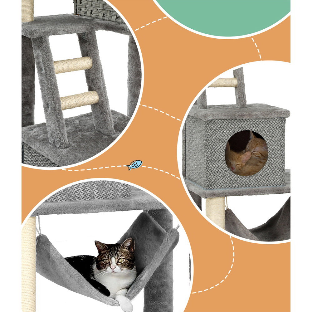 i.Pet 169cm Cat Tree Tower Scratching Post Rattan Grey