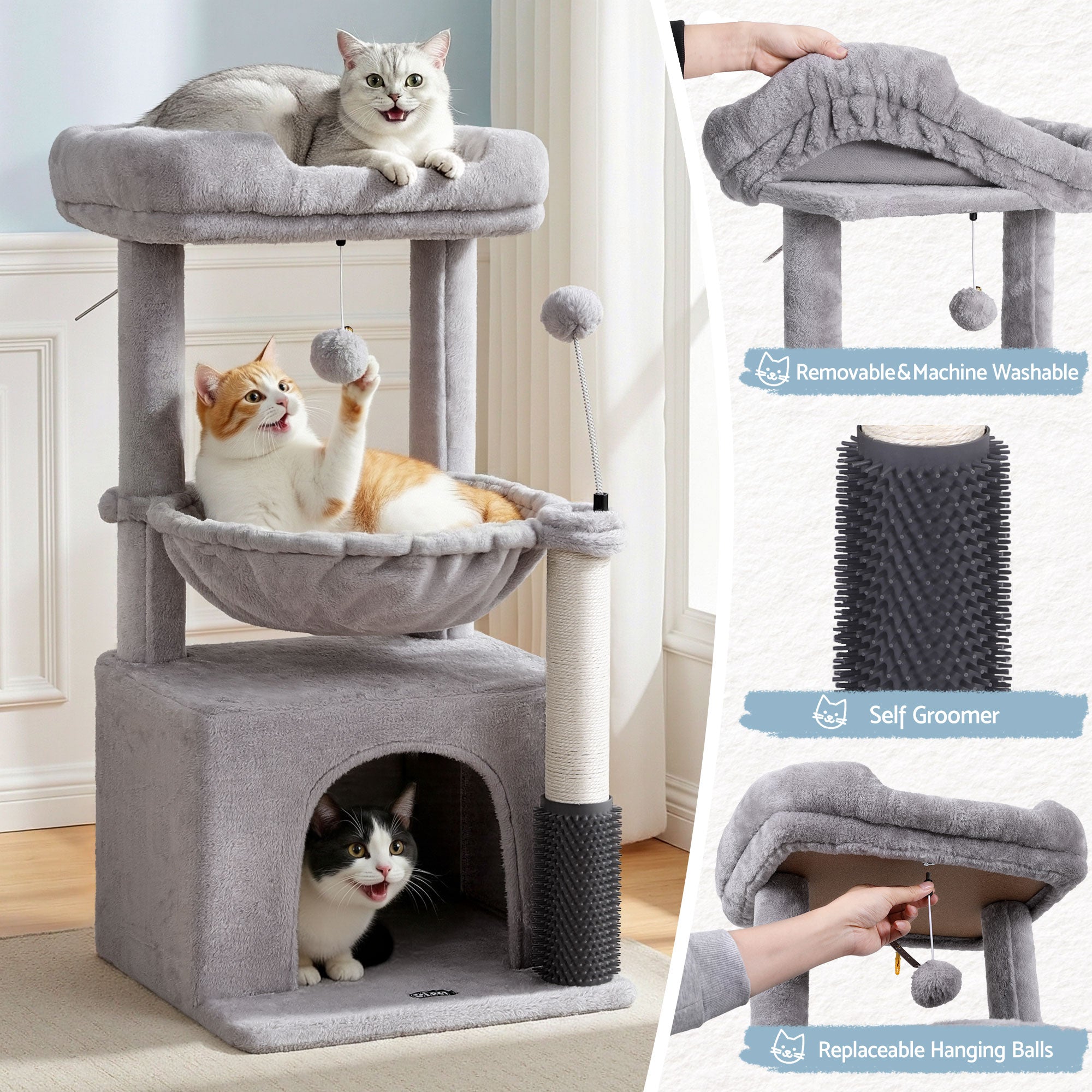 i.Pet Cat Tree Tower 82cm Scratching Post Furniture Scratcher House Light Grey