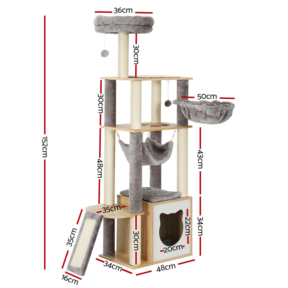 i.Pet 152cm Cat Tree Tower Scratching Post Wood Beige/Grey