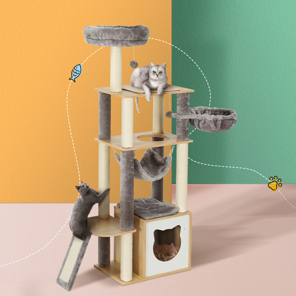 i.Pet 152cm Cat Tree Tower Scratching Post Wood Beige/Grey