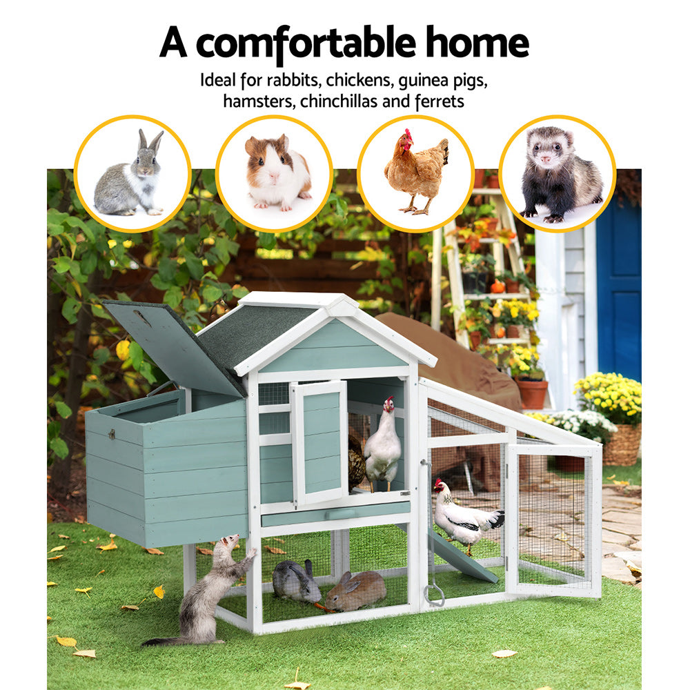 i.Pet Large Wooden Chicken Coop Rabbit Hutch Green White