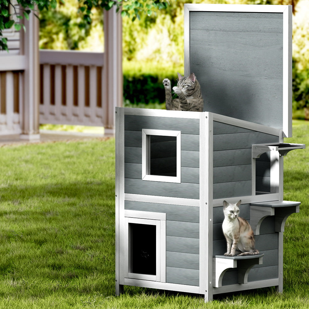 i.Pet Wooden Cat House Shelter Outdoor/Indoor Grey/White