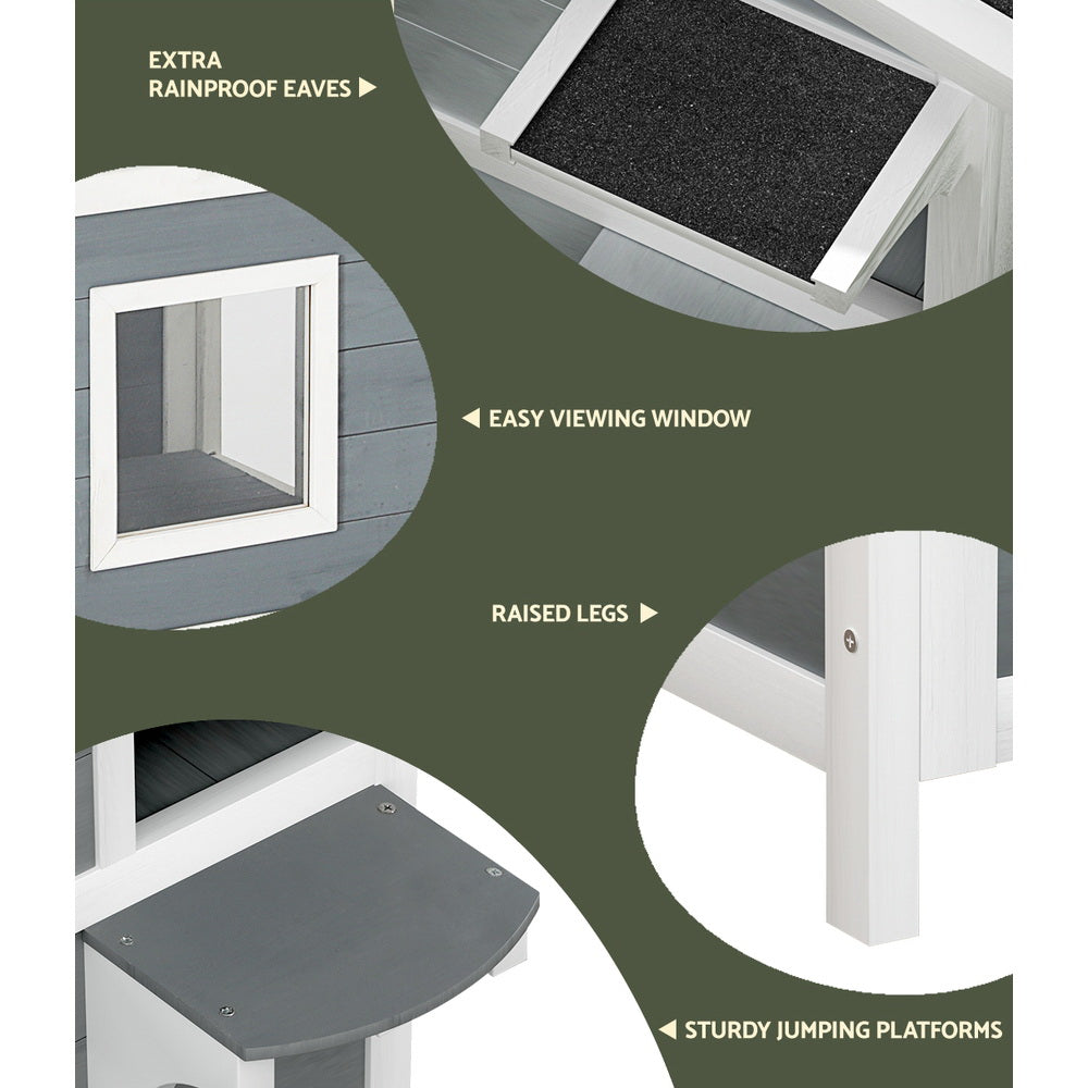 i.Pet Wooden Cat House Shelter Outdoor/Indoor Grey/White