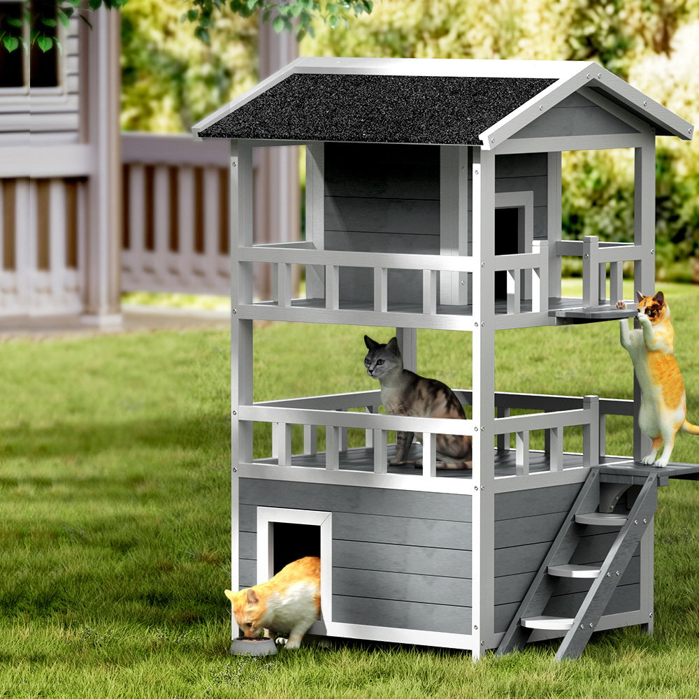 i.Pet Wooden Outdoor Cat House Rabbit Hutch Grey/White