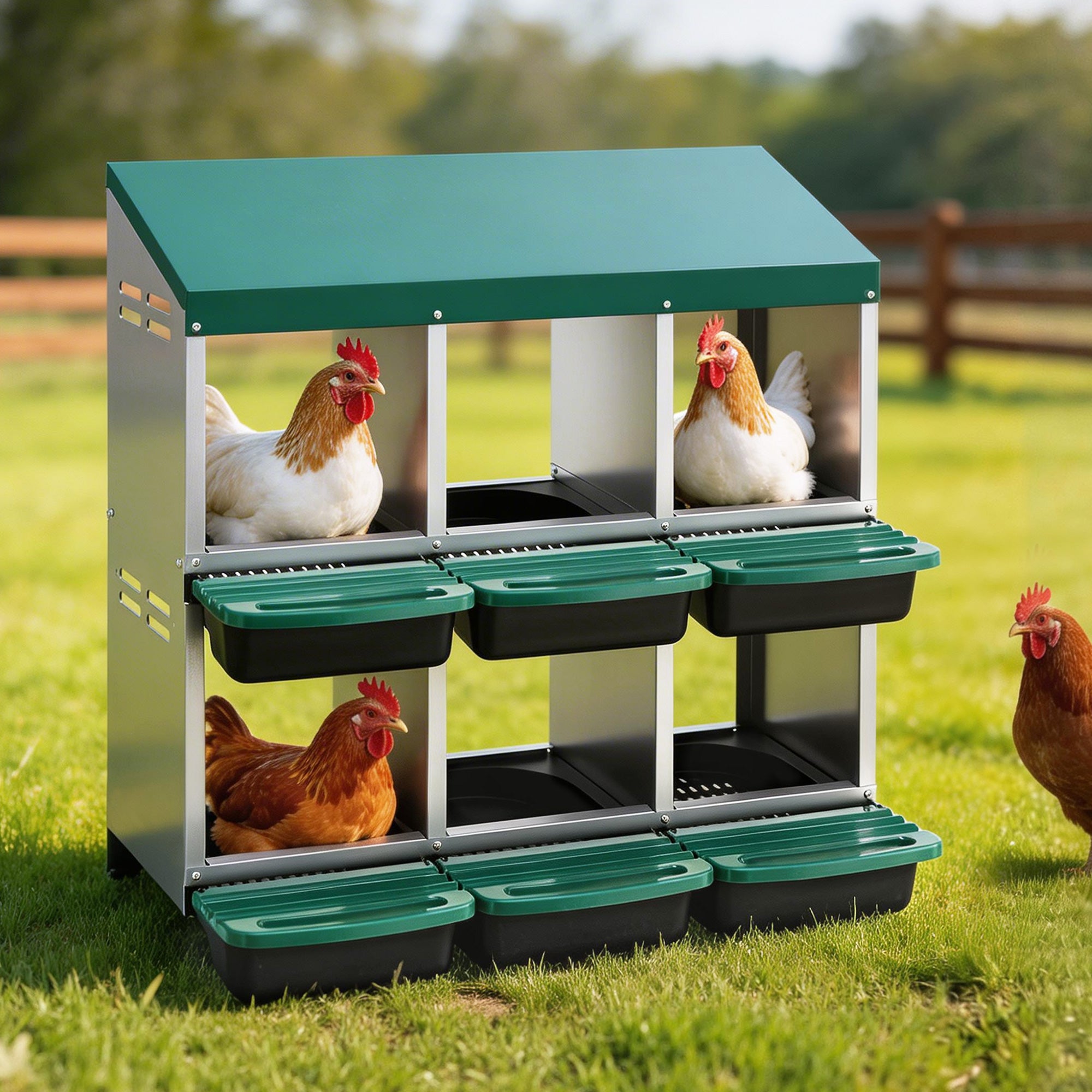 i.Pet Chicken Nesting Box Roll Away Metal Nesting Box Wall Mounted 6 Holes Green