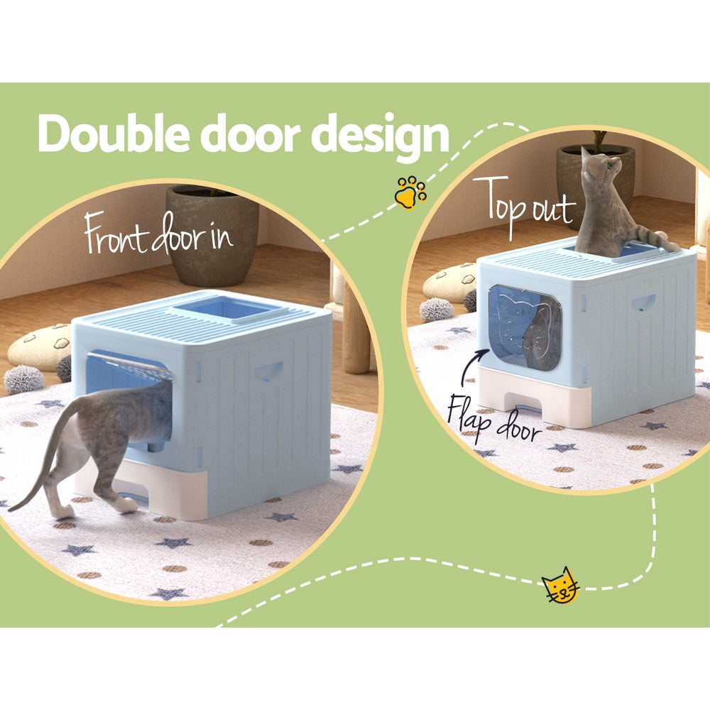 i.Pet Large Enclosed Foldable Cat Litter Box Blue
