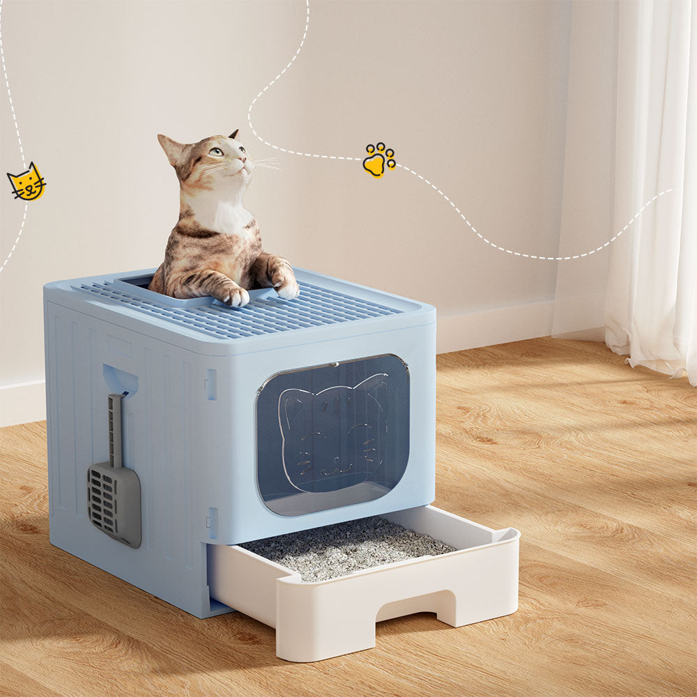 i.Pet Large Enclosed Foldable Cat Litter Box Blue