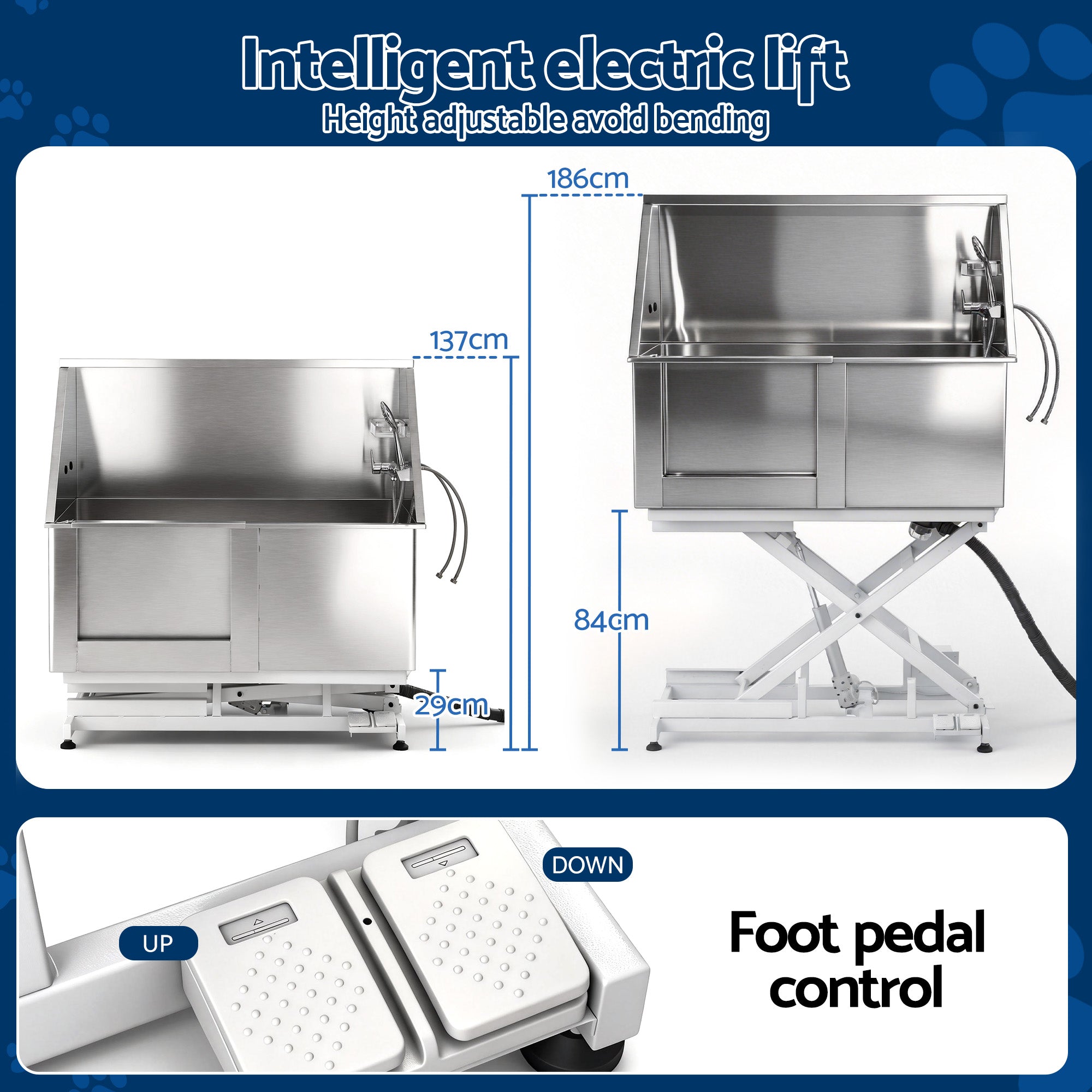 i.Pet Electric Pet Bath Tub Dog Grooming Stainless Steel Wash Station 127cm