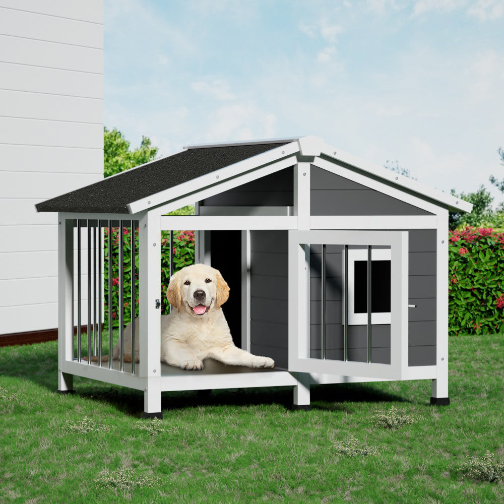 i.Pet Large Wooden Dog Kennel Outdoor Indoor Grey White