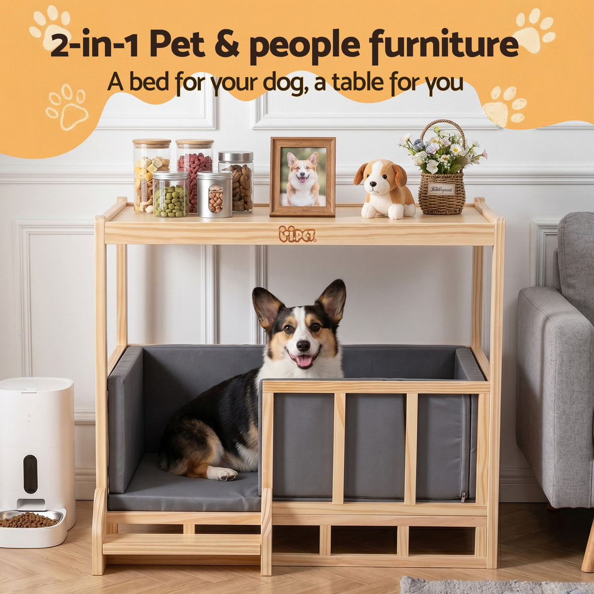 i.Pet 2-in-1 Dog Kennel Crate Furniture Wooden House Grey
