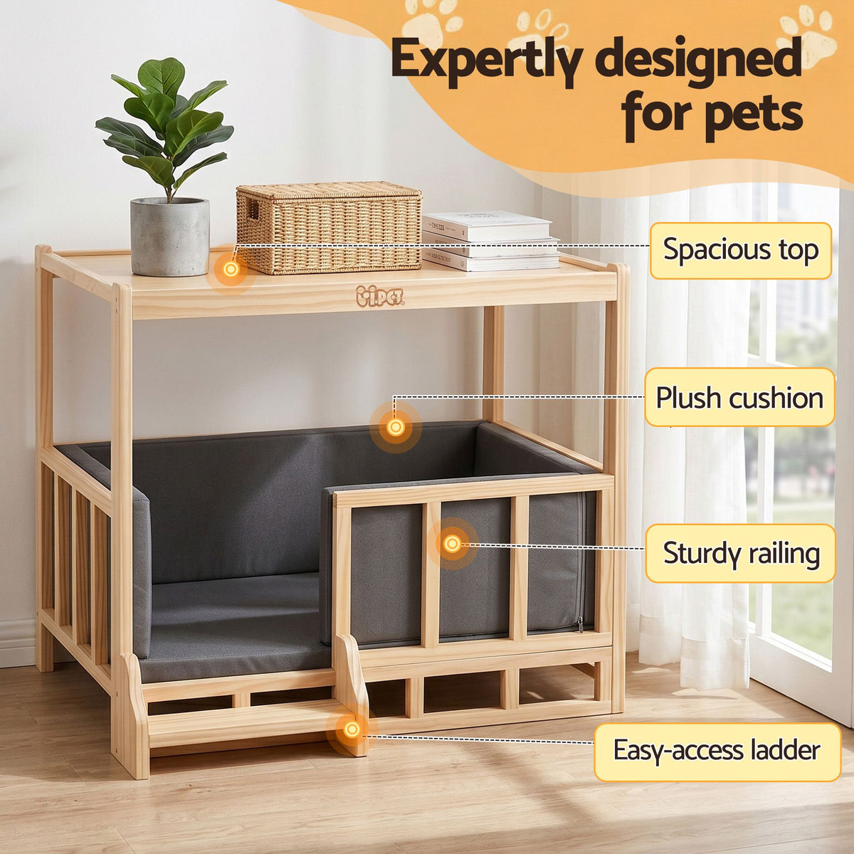 i.Pet 2-in-1 Dog Kennel Crate Furniture Wooden House Grey